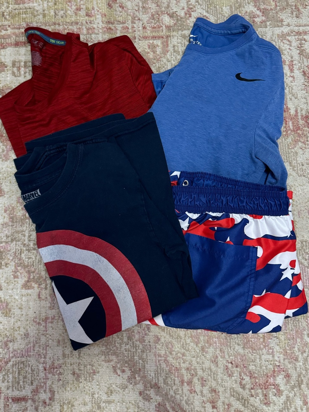 BUNDLE - Nike Blue Athletic Tee with Red Tee & Patriotic Blue-Red Swim Shorts